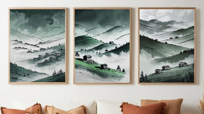 Juego de 3 cuadros de pared Valle de la Montaña Verde | Láminas de paisajes de colinas neblinosas | Decoración rústica campestre | Descarga digital