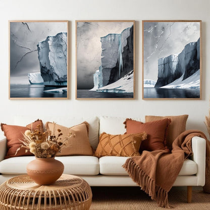 Juego de 3 cuadros de pared de iceberg ártico | Láminas de paisajes glaciares | Decoración costera moderna de la naturaleza | Descarga digital