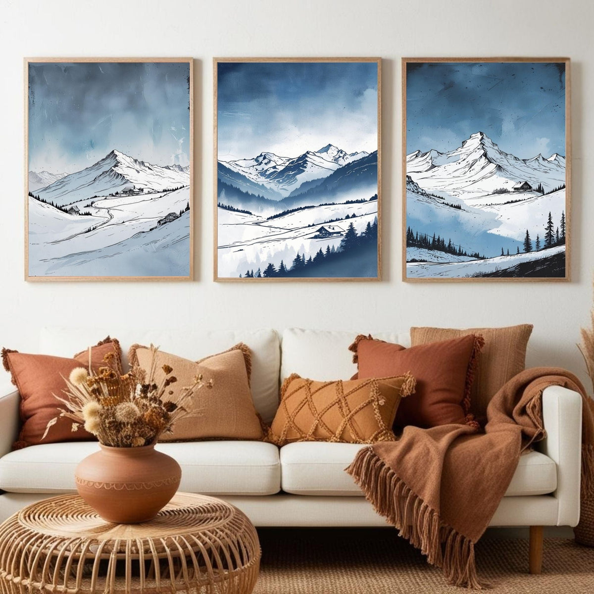 Set de 3 Láminas de Montañas, Impresiones de Paisajes Nevados, Decoración de Pared Moderna de Naturaleza, Descarga Digital