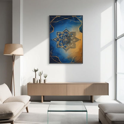 Islamic Geometric Wall Art Printable, Blue Gold Mandala Pattern Print, Modern Islamic Home Decor, Digital Download
